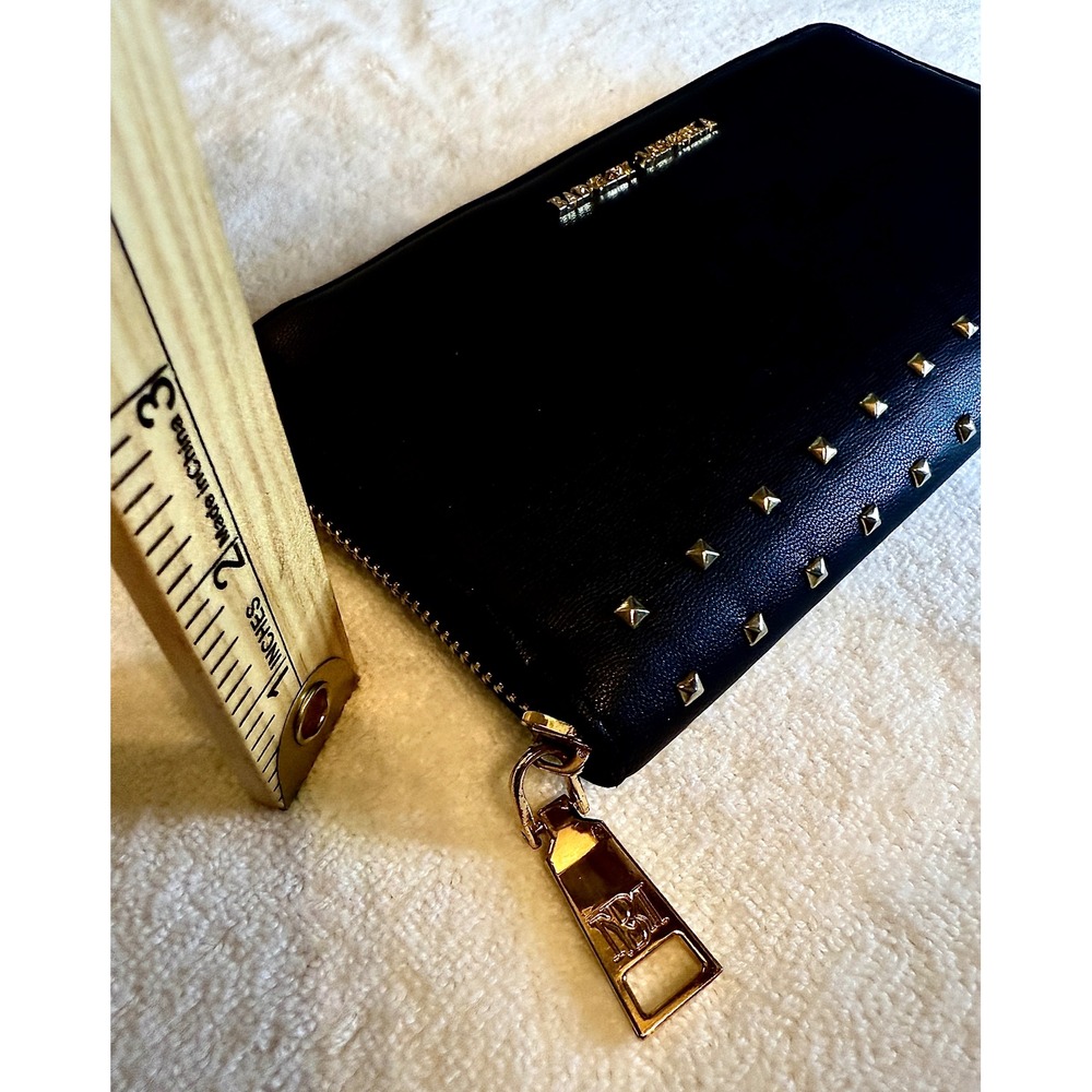Badgley Mischka Black Studded Zip Around Wallet Gold Hardware Logo Long Clutch - Picture 5 of 8
